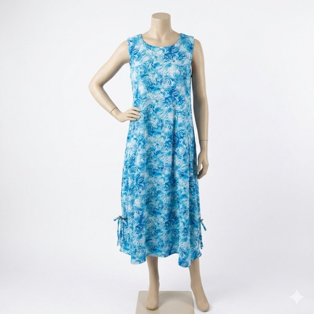 King Universal Lady Blue Swirl Patio Dress SMALL Midi Front Pockets Sleeveless